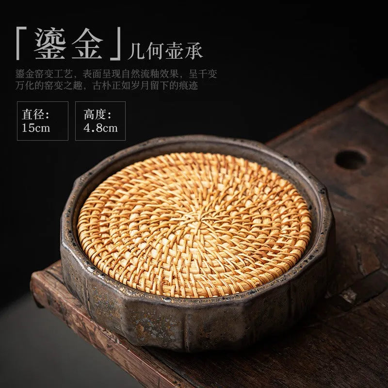 Retro Gilded Round Storage Ceramic Tea Tray (with Rattan Mat) - YIQIN TEA HOUSE | yiqinteahouse.com | retro gilded, tea tray, teaware