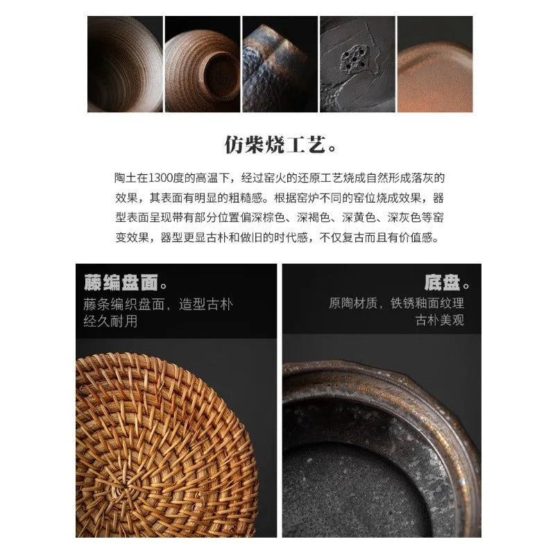 Retro Gilded Round Storage Ceramic Tea Tray (with Rattan Mat) - YIQIN TEA HOUSE | yiqinteahouse.com | retro gilded, tea tray, teaware