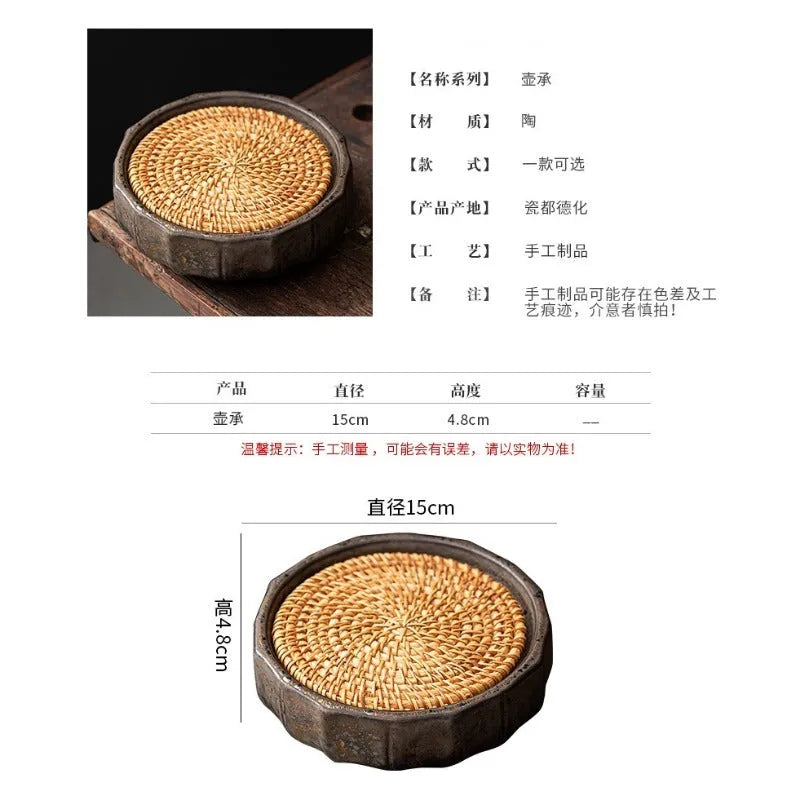 Retro Gilded Round Storage Ceramic Tea Tray (with Rattan Mat) - YIQIN TEA HOUSE | yiqinteahouse.com | retro gilded, tea tray, teaware