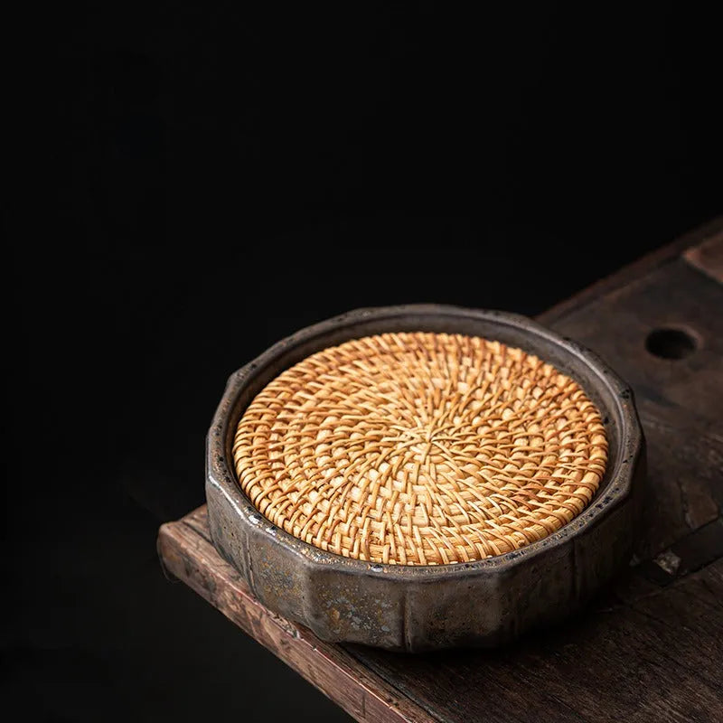 Retro Gilded Round Storage Ceramic Tea Tray (with Rattan Mat) - YIQIN TEA HOUSE | yiqinteahouse.com | retro gilded, tea tray, teaware