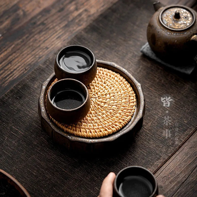 Retro Gilded Round Storage Ceramic Tea Tray (with Rattan Mat) - YIQIN TEA HOUSE | yiqinteahouse.com | retro gilded, tea tray, teaware