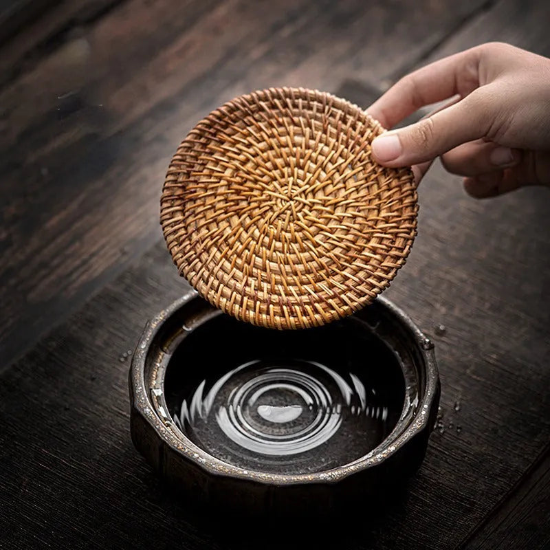 Retro Gilded Round Storage Ceramic Tea Tray (with Rattan Mat) - YIQIN TEA HOUSE | yiqinteahouse.com | retro gilded, tea tray, teaware