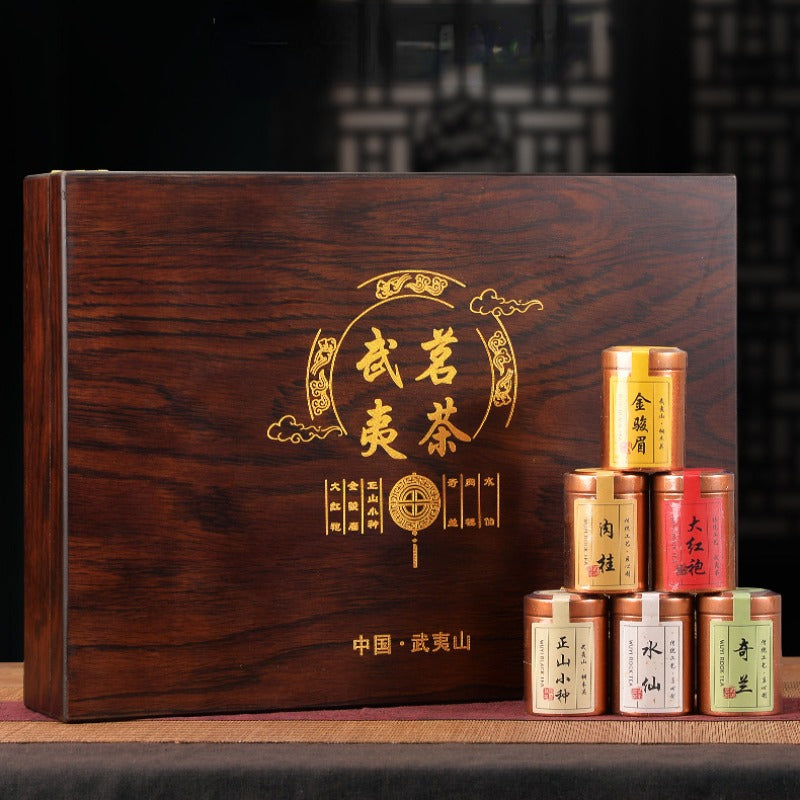 Wuyi Yan Cha [Narcissus / Rougui / Qilan / Da Hong Pao | Jin Jun Mei / Lapsang Souchong] Small Cannd Gift Box Set 250g - YIQIN TEA HOUSE | yiqinteahouse.com | black tea, da hong pao, gift, jin jun mei, laysang souchong, oolong tea, tea, wuri rougui, wuyi narcissus, wuyi qilan