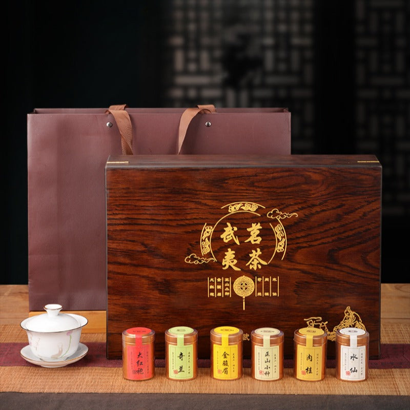 Wuyi Yan Cha [Narcissus / Rougui / Qilan / Da Hong Pao | Jin Jun Mei / Lapsang Souchong] Small Cannd Gift Box Set 250g - YIQIN TEA HOUSE | yiqinteahouse.com | black tea, da hong pao, gift, jin jun mei, laysang souchong, oolong tea, tea, wuri rougui, wuyi narcissus, wuyi qilan