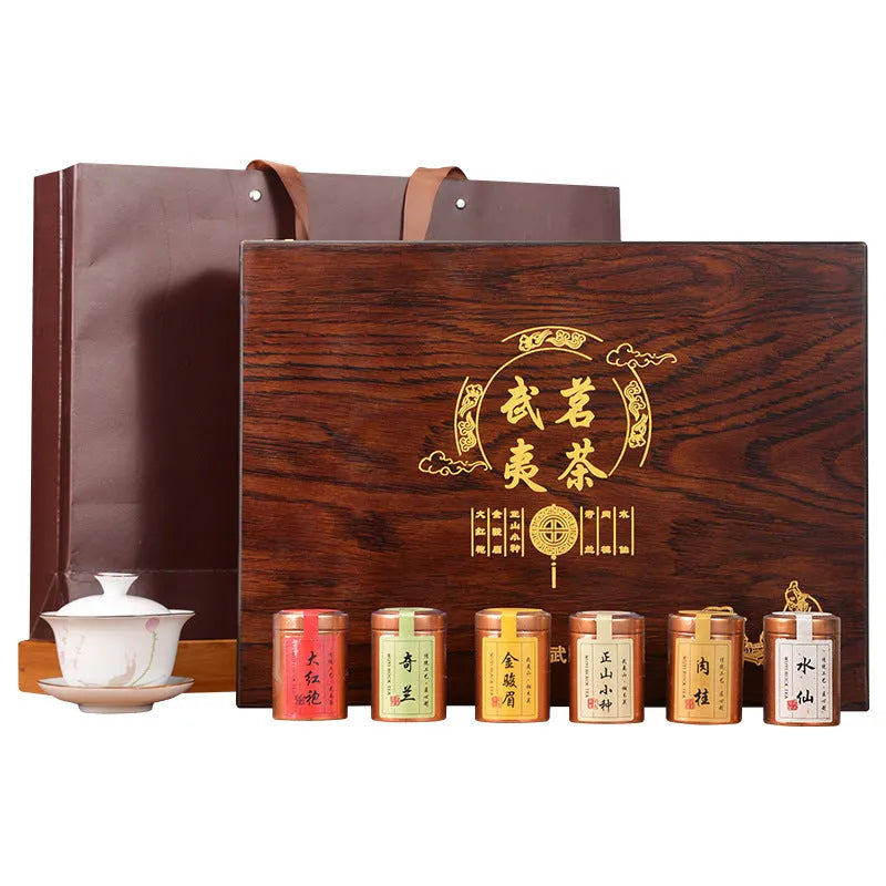 Wuyi Yan Cha [Narcissus / Rougui / Qilan / Da Hong Pao | Jin Jun Mei / Lapsang Souchong] Small Cannd Gift Box Set 250g - YIQIN TEA HOUSE | yiqinteahouse.com | black tea, da hong pao, gift, jin jun mei, laysang souchong, oolong tea, tea, wuri rougui, wuyi narcissus, wuyi qilan