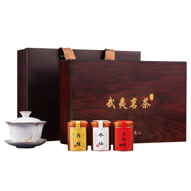 Wuyi Yan Cha [Narcissus / Rougui / Qilan / Da Hong Pao | Jin Jun Mei / Lapsang Souchong] Small Cannd Gift Box Set 250g - YIQIN TEA HOUSE | yiqinteahouse.com | black tea, da hong pao, gift, jin jun mei, laysang souchong, oolong tea, tea, wuri rougui, wuyi narcissus, wuyi qilan