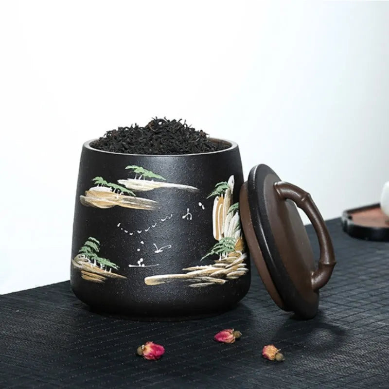 Yixing Zisha Tea Jar Tea Caddy [Four Seasons Shanshui] - YIQIN TEA HOUSE | yiqinteahouse.com | tea accessories, tea jar, teaware