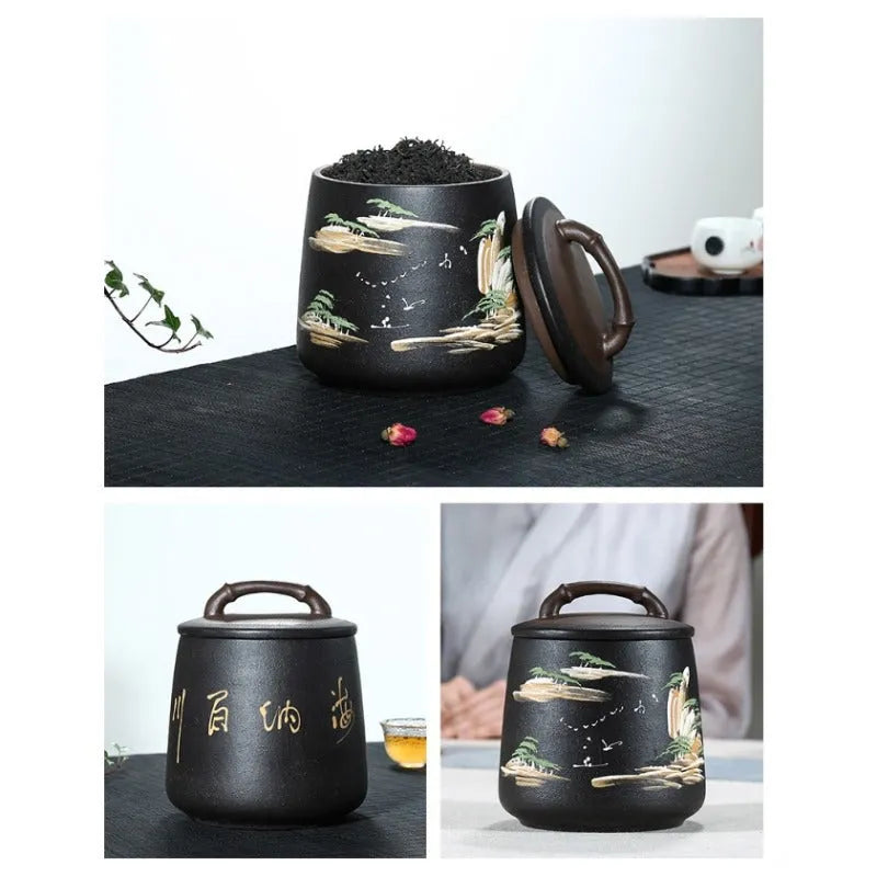 Yixing Zisha Tea Jar Tea Caddy [Four Seasons Shanshui] - YIQIN TEA HOUSE | yiqinteahouse.com | tea accessories, tea jar, teaware