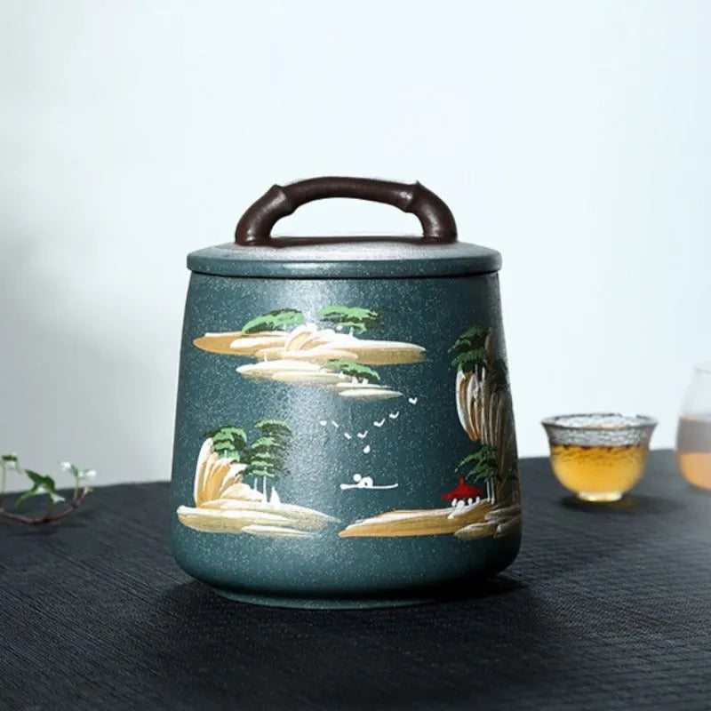 Yixing Zisha Tea Jar Tea Caddy [Four Seasons Shanshui] - YIQIN TEA HOUSE | yiqinteahouse.com | tea accessories, tea jar, teaware