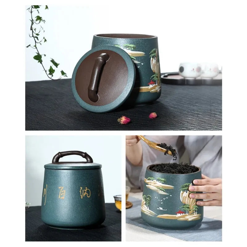 Yixing Zisha Tea Jar Tea Caddy [Four Seasons Shanshui] - YIQIN TEA HOUSE | yiqinteahouse.com | tea accessories, tea jar, teaware