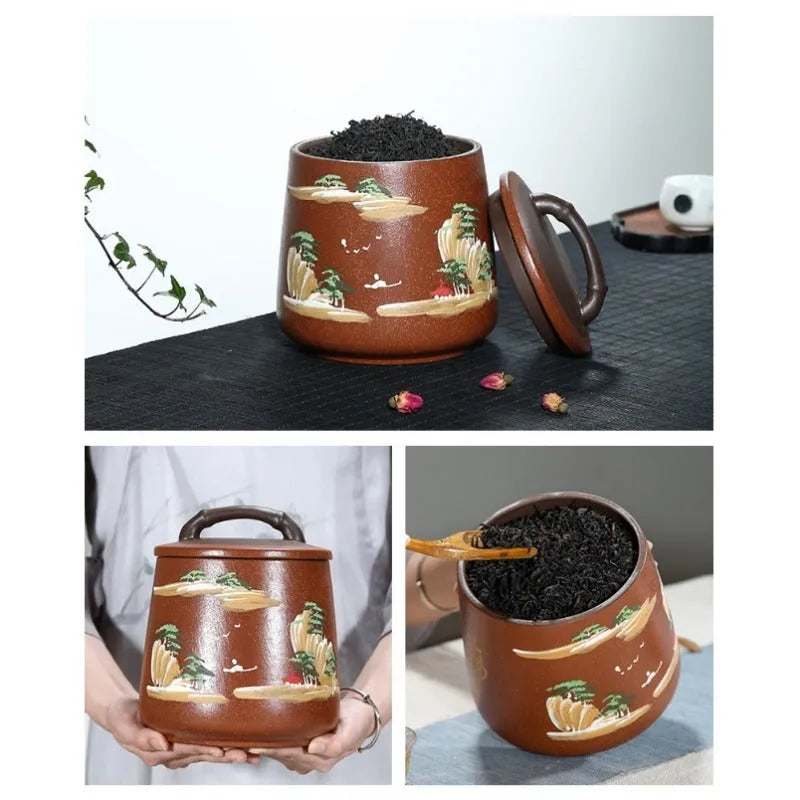 Yixing Zisha Tea Jar Tea Caddy [Four Seasons Shanshui] - YIQIN TEA HOUSE | yiqinteahouse.com | tea accessories, tea jar, teaware