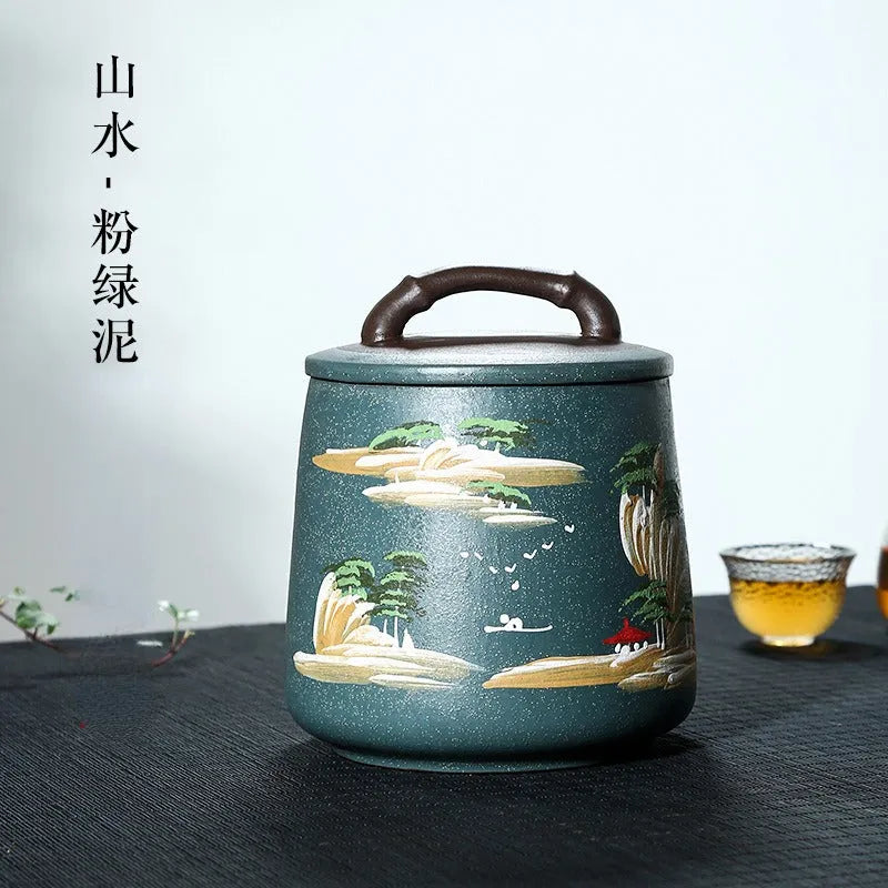 Yixing Zisha Tea Jar Tea Caddy [Four Seasons Shanshui] - YIQIN TEA HOUSE | yiqinteahouse.com | tea accessories, tea jar, teaware