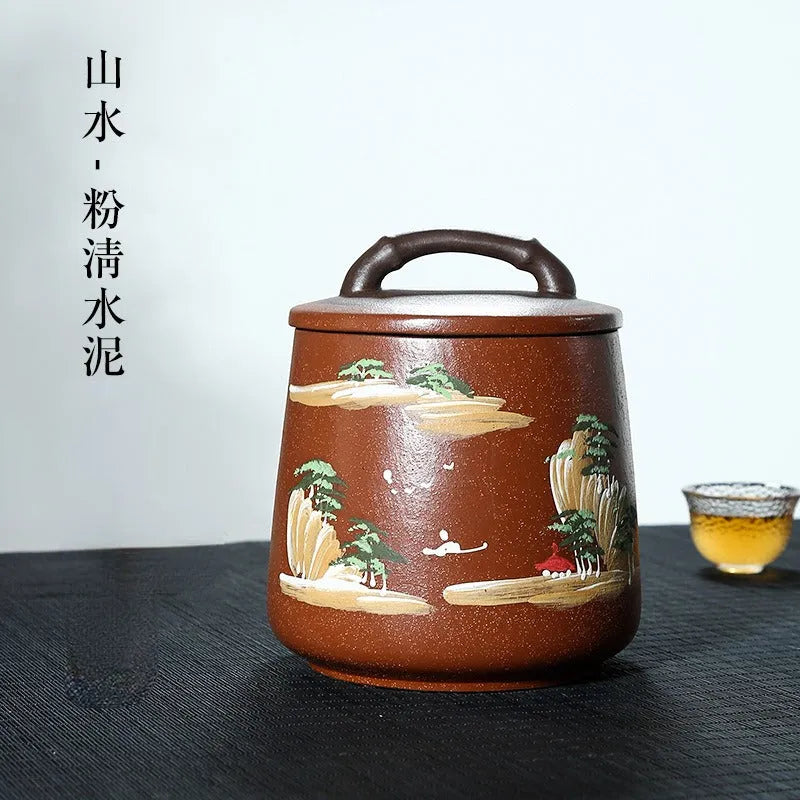 Yixing Zisha Tea Jar Tea Caddy [Four Seasons Shanshui] - YIQIN TEA HOUSE | yiqinteahouse.com | tea accessories, tea jar, teaware