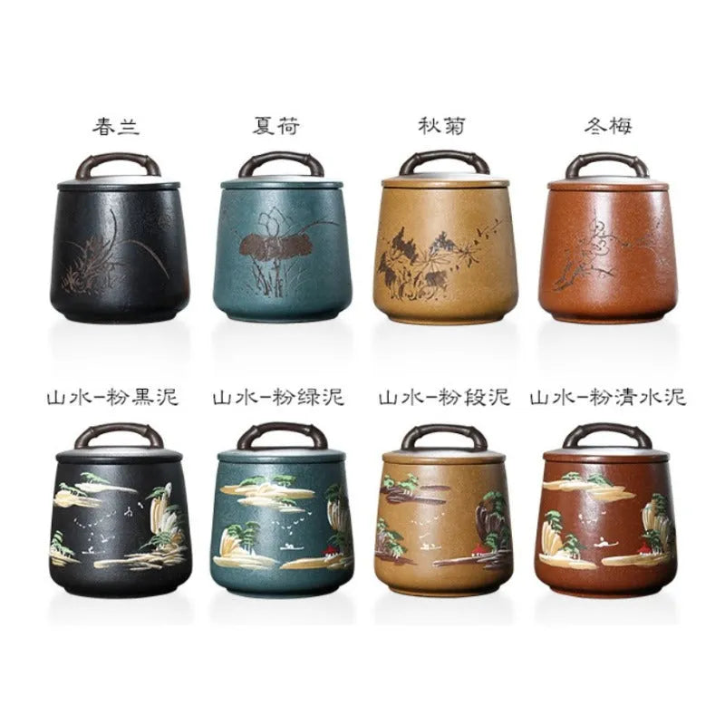 Yixing Zisha Tea Jar Tea Caddy [Four Seasons Shanshui] - YIQIN TEA HOUSE | yiqinteahouse.com | tea accessories, tea jar, teaware