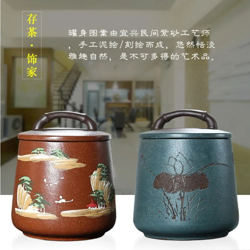 Yixing Zisha Tea Jar Tea Caddy [Four Seasons Shanshui] - YIQIN TEA HOUSE | yiqinteahouse.com | tea accessories, tea jar, teaware