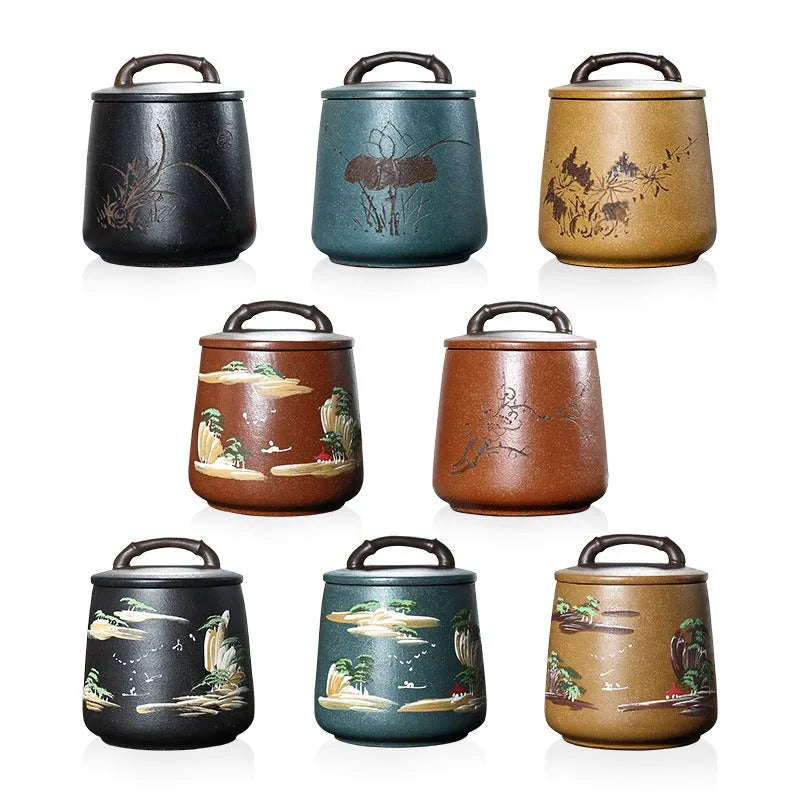 Yixing Zisha Tea Jar Tea Caddy [Four Seasons Shanshui] - YIQIN TEA HOUSE | yiqinteahouse.com | tea accessories, tea jar, teaware