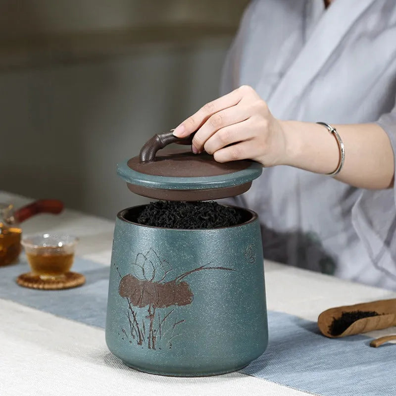 Yixing Zisha Tea Jar Tea Caddy [Four Seasons Shanshui] - YIQIN TEA HOUSE | yiqinteahouse.com | tea accessories, tea jar, teaware