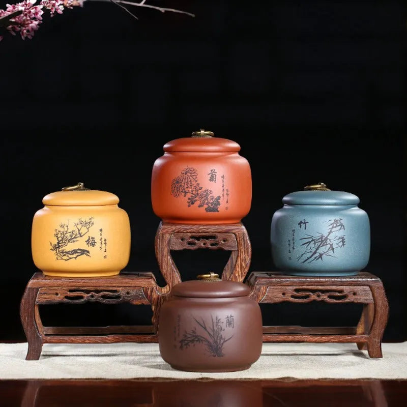 Yixing Zisha Tea Jar Tea Caddy [Plum·Orchid·Bamboo·Chrysanthemum] - YIQIN TEA HOUSE | yiqinteahouse.com | tea accessories, tea jar, teaware