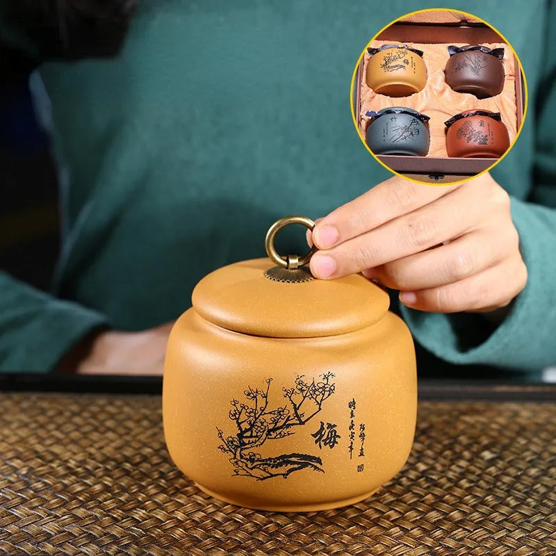 Yixing Zisha Tea Jar Tea Caddy [Plum·Orchid·Bamboo·Chrysanthemum] - YIQIN TEA HOUSE | yiqinteahouse.com | tea accessories, tea jar, teaware