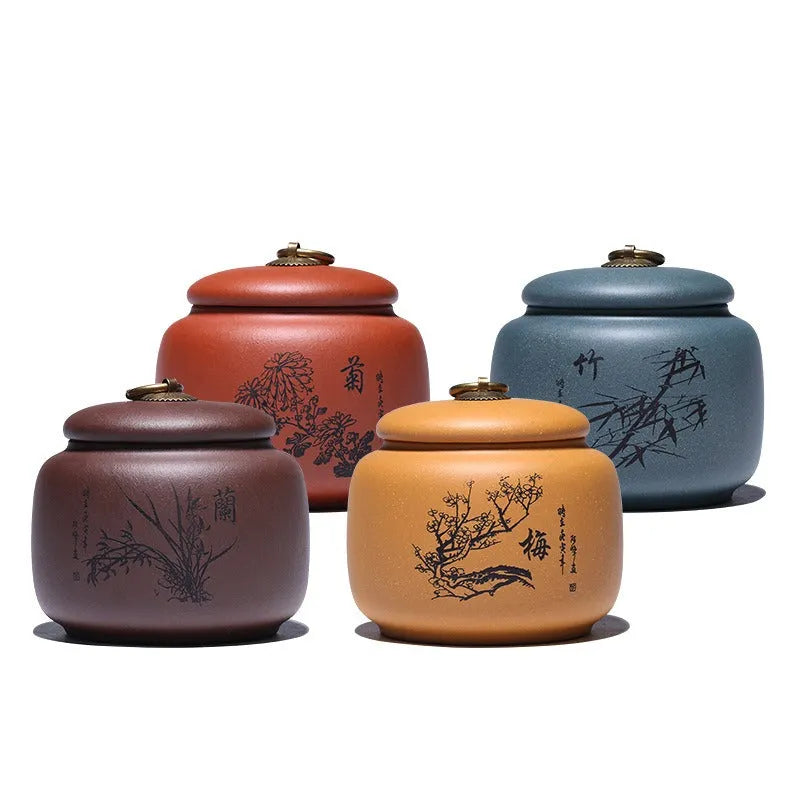 Yixing Zisha Tea Jar Tea Caddy [Plum·Orchid·Bamboo·Chrysanthemum] - YIQIN TEA HOUSE | yiqinteahouse.com | tea accessories, tea jar, teaware