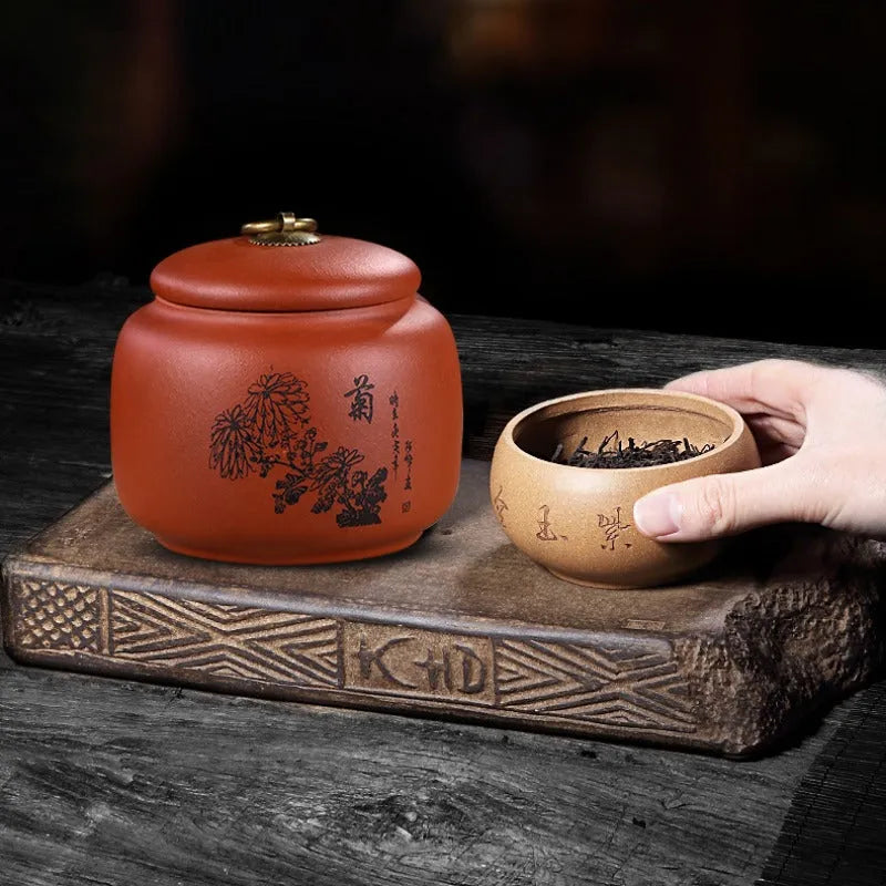 Yixing Zisha Tea Jar Tea Caddy [Plum·Orchid·Bamboo·Chrysanthemum] - YIQIN TEA HOUSE | yiqinteahouse.com | tea accessories, tea jar, teaware