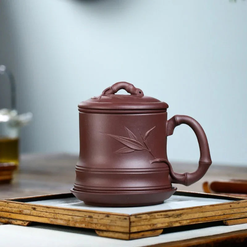 Yixing Zisha Tea Mug with Filter [Bamboo] 4pcs Set (Zi Ni - 480ml)