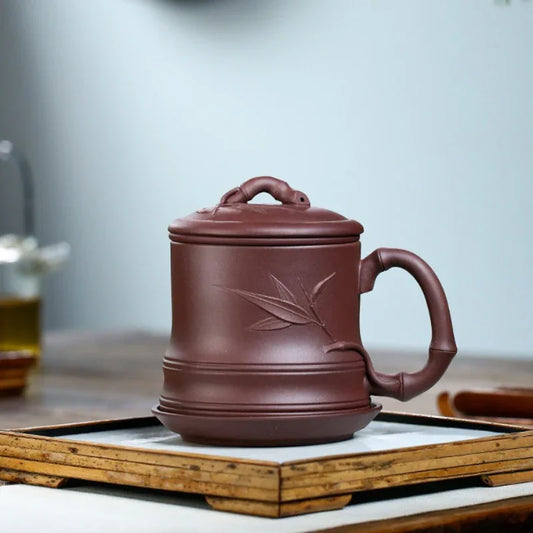 Yixing Zisha Tea Mug with Filter [Bamboo] 4pcs Set (Zi Ni - 480ml)