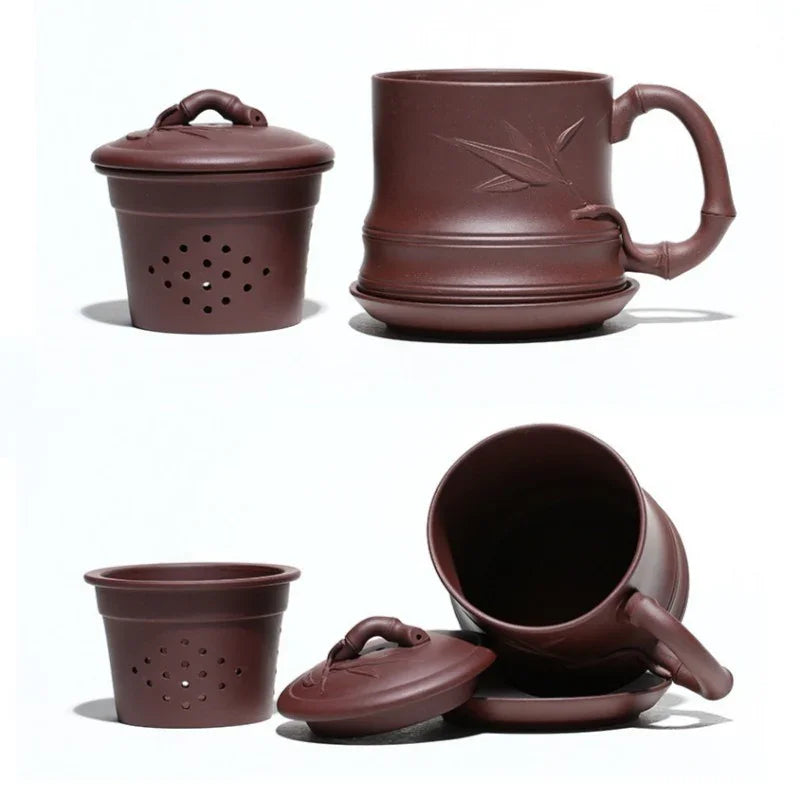 Yixing Zisha Tea Mug with Filter [Bamboo] 4pcs Set (Zi Ni - 480ml)