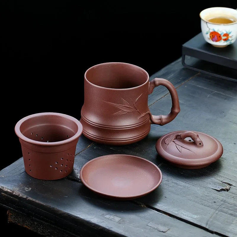 Yixing Zisha Tea Mug with Filter [Bamboo] 4pcs Set (Zi Ni - 480ml)