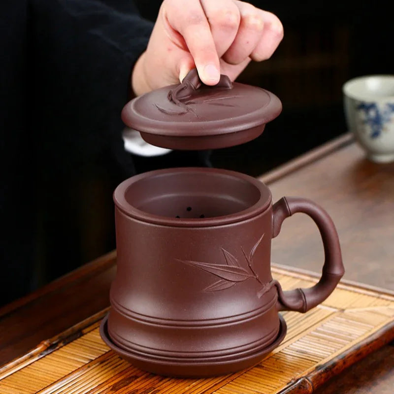 Yixing Zisha Tea Mug with Filter [Bamboo] 4pcs Set (Zi Ni - 480ml)