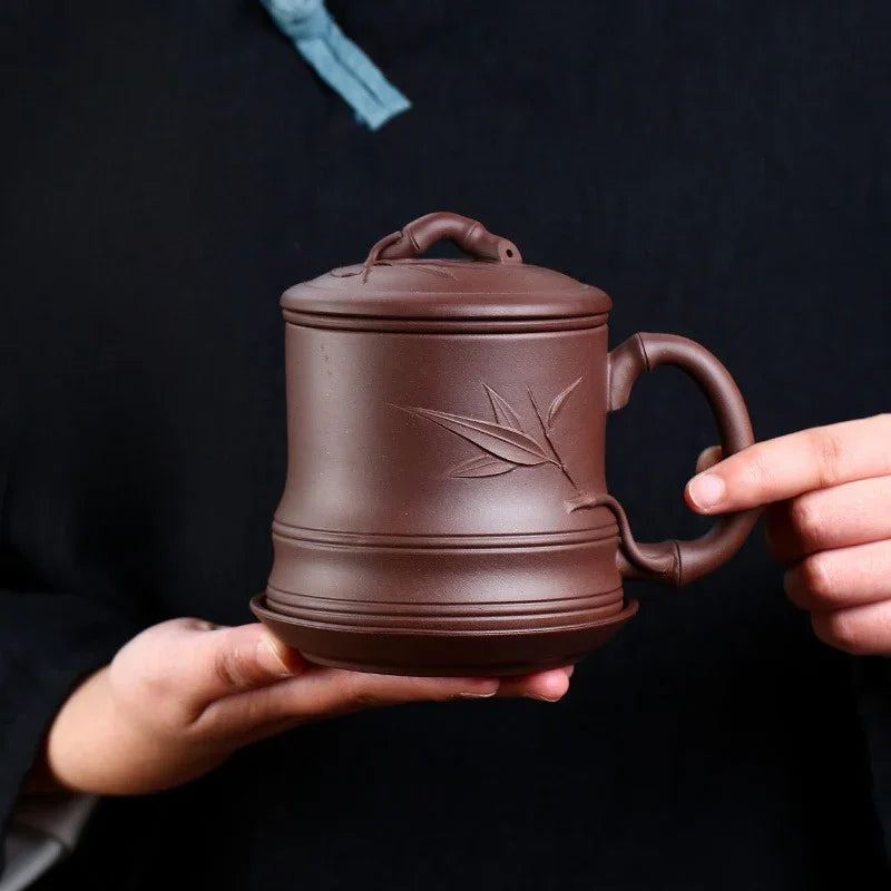 Yixing Zisha Tea Mug with Filter [Bamboo] 4pcs Set (Zi Ni - 480ml)