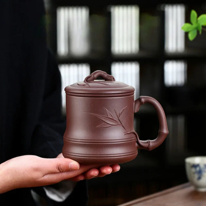 Yixing Zisha Tea Mug with Filter [Bamboo] 4pcs Set (Zi Ni - 480ml)