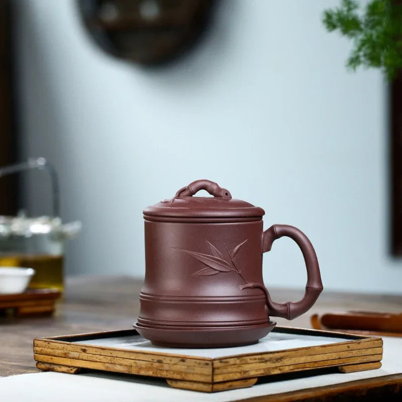 Yixing Zisha Tea Mug with Filter [Bamboo] 4pcs Set (Zi Ni - 480ml)