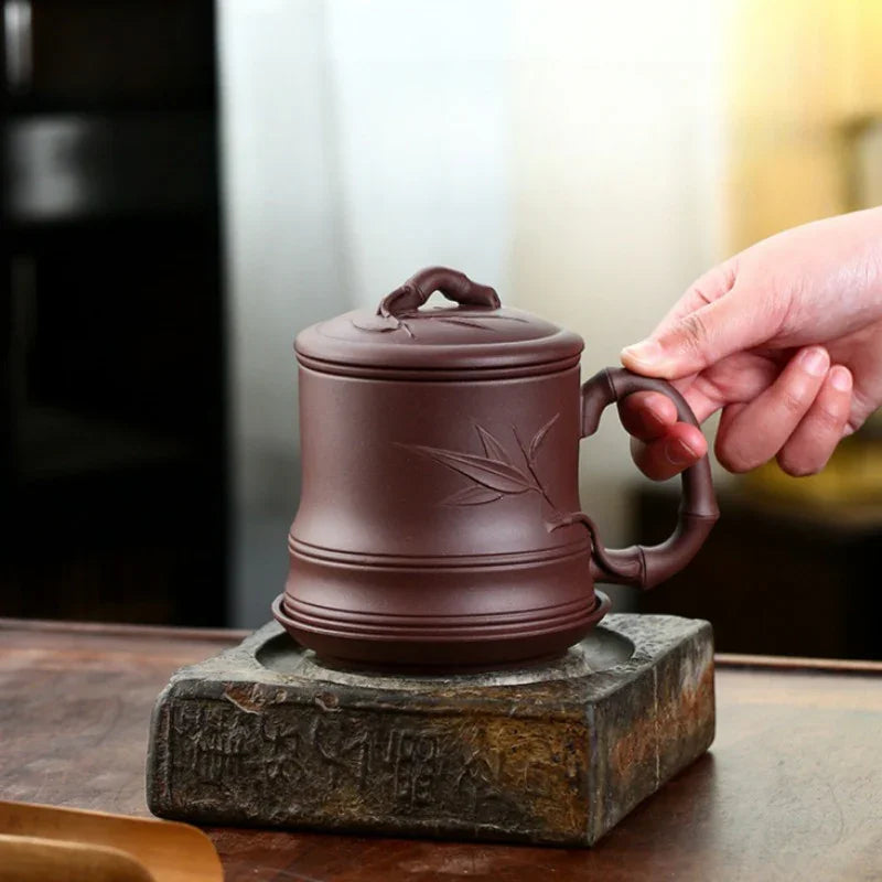 Yixing Zisha Tea Mug with Filter [Bamboo] 4pcs Set (Zi Ni - 480ml)