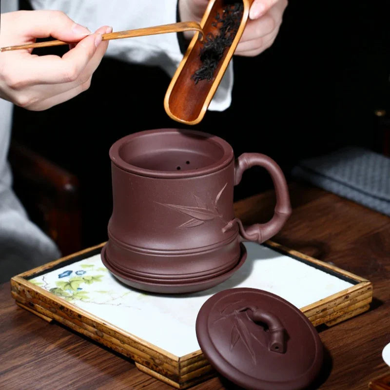 Yixing Zisha Tea Mug with Filter [Bamboo] 4pcs Set (Zi Ni - 480ml)