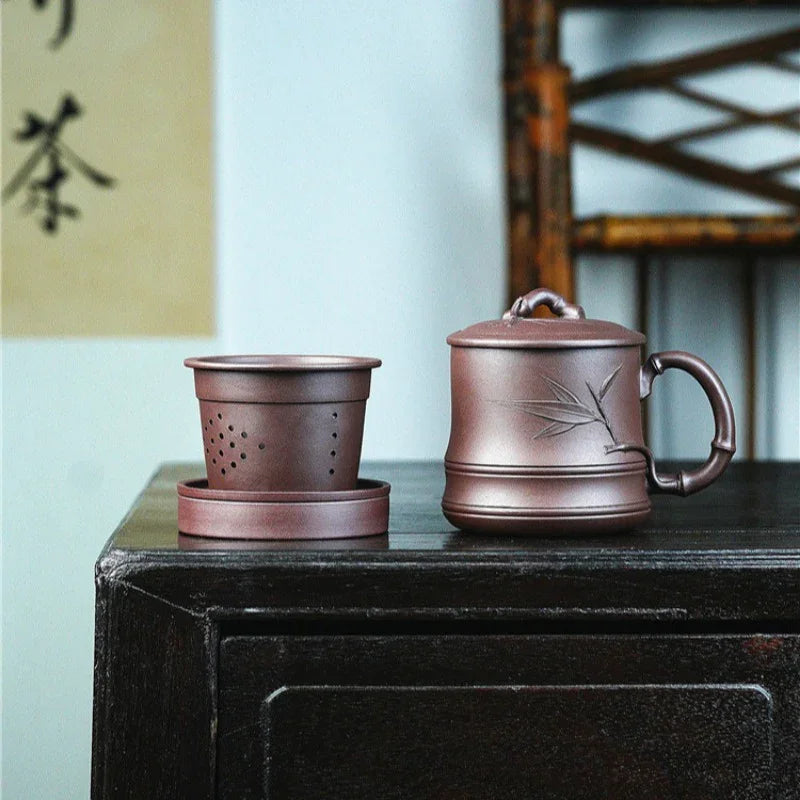 Yixing Zisha Tea Mug with Filter [Bamboo] 5pcs Set (Lao Zi Ni - 450ml) - YIQIN TEA HOUSE | yiqinteahouse.com | tea mug, teaware