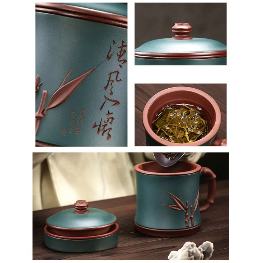 Yixing Zisha Tea Mug with Filter [Bamboo Breeze] 4/5pcs Set (Zi Ni - 460ml)