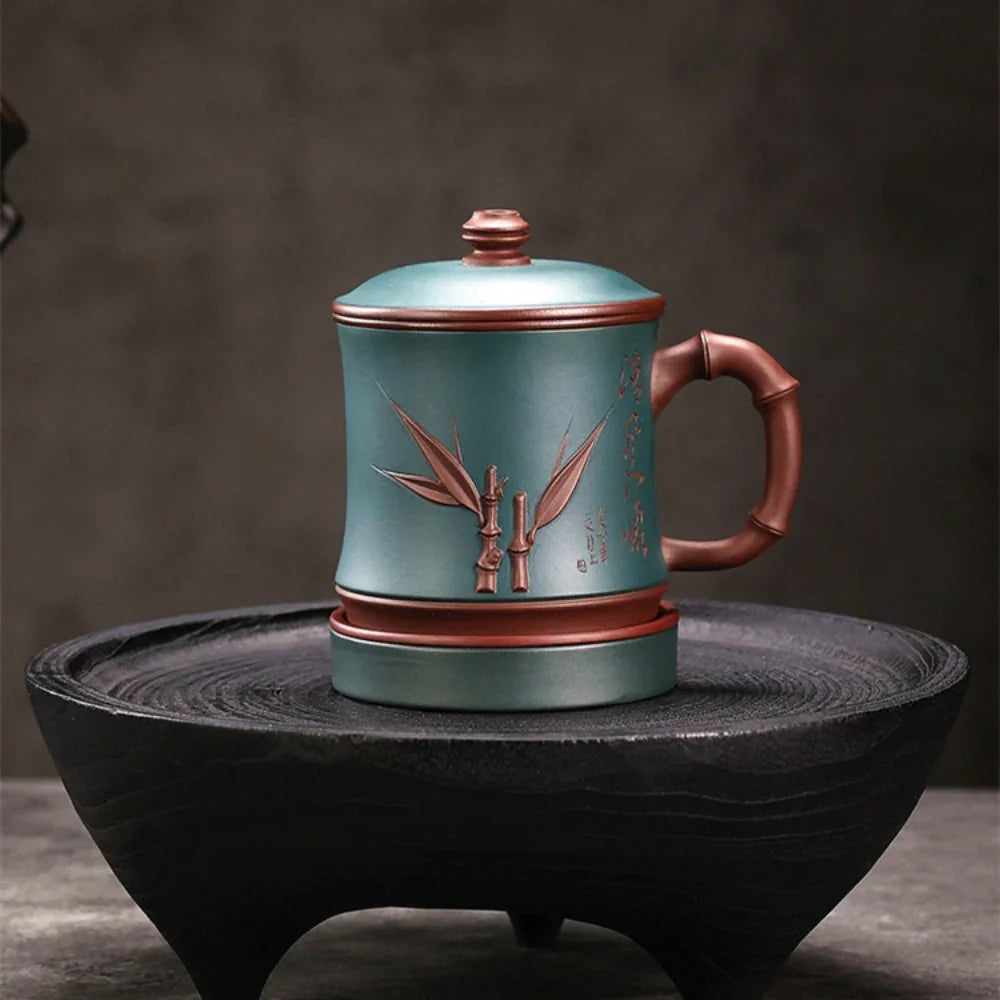 Yixing Zisha Tea Mug with Filter [Bamboo Breeze] 4/5pcs Set (Zi Ni - 460ml)