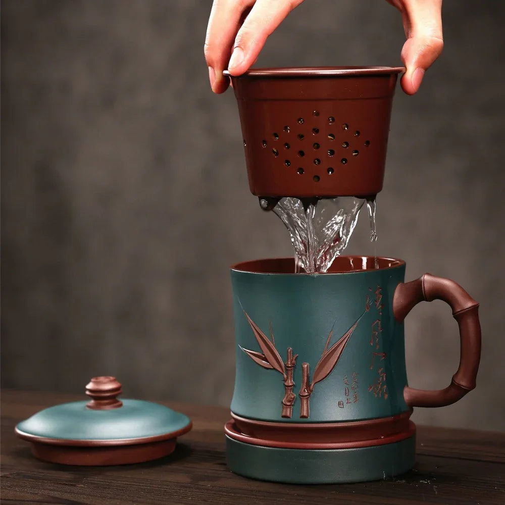 Yixing Zisha Tea Mug with Filter [Bamboo Breeze] 4/5pcs Set (Zi Ni - 460ml)