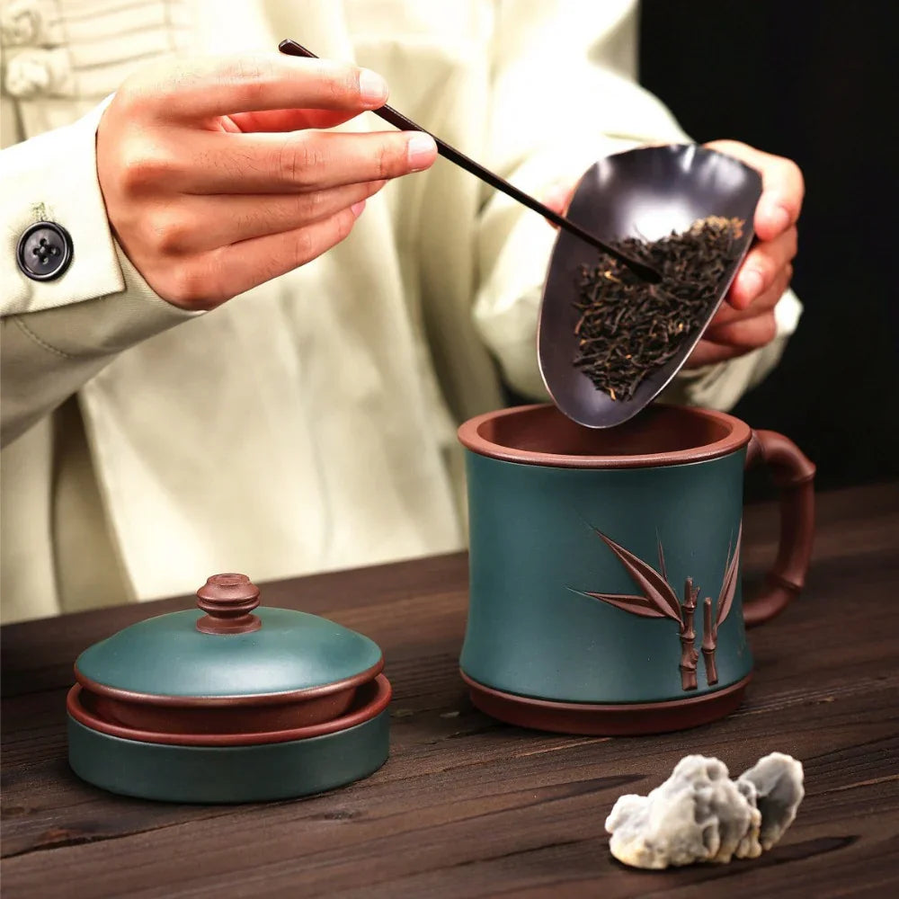 Yixing Zisha Tea Mug with Filter [Bamboo Breeze] 4/5pcs Set (Zi Ni - 460ml)