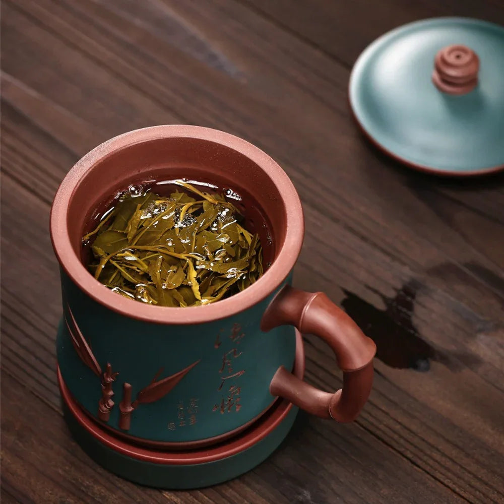 Yixing Zisha Tea Mug with Filter [Bamboo Breeze] 4/5pcs Set (Zi Ni - 460ml)