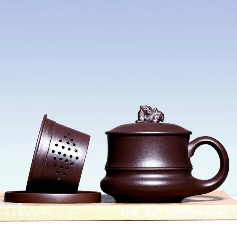 Yixing Zisha Tea Mug with Filter [Dragon] (Zi Ni - 410ml)