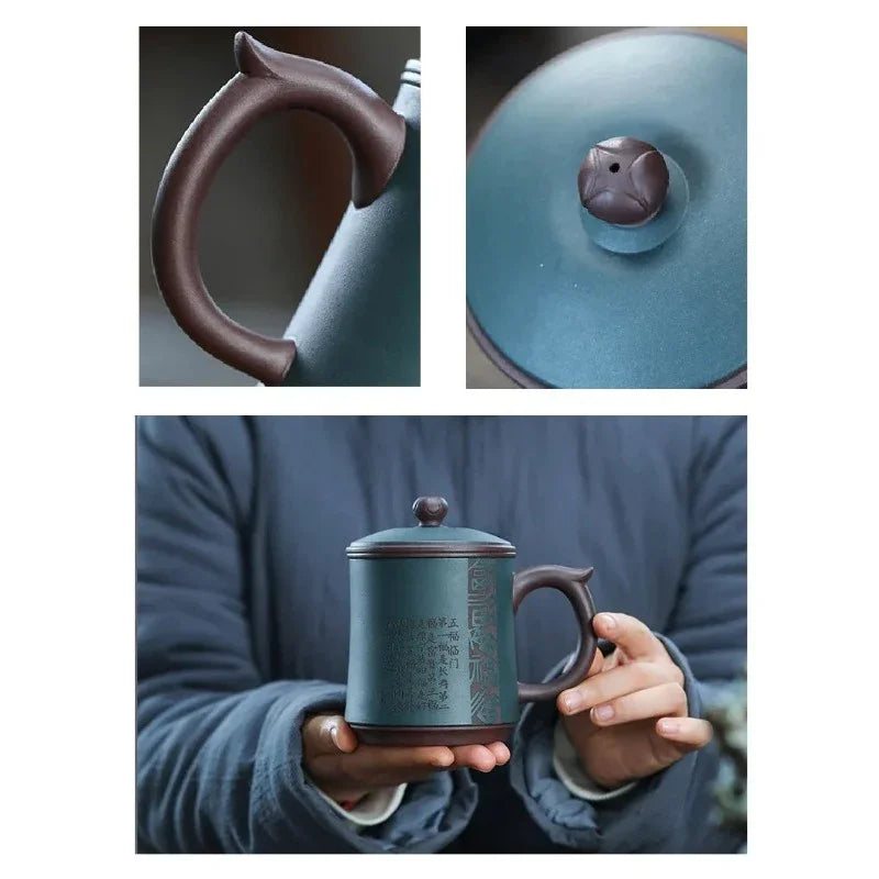 Yixing Zisha Tea Mug with Filter [Five Blessings] (Lu Ni / Zi Ni - 460ml)