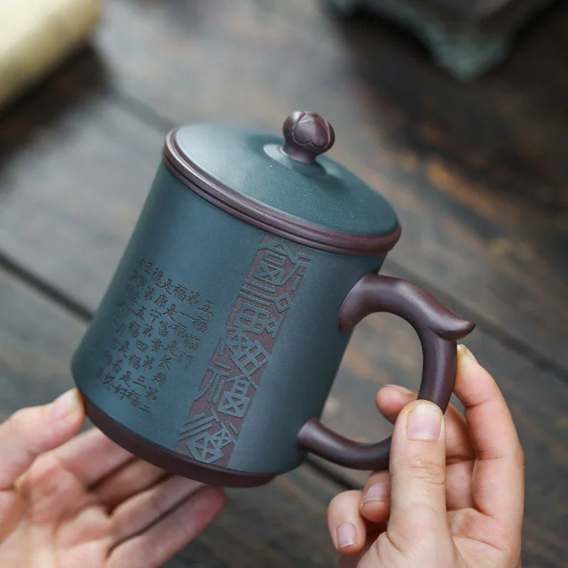 Yixing Zisha Tea Mug with Filter [Five Blessings] (Lu Ni / Zi Ni - 460ml) - YIQIN TEA HOUSE | yiqinteahouse.com | new arrival, tea mug, teaware