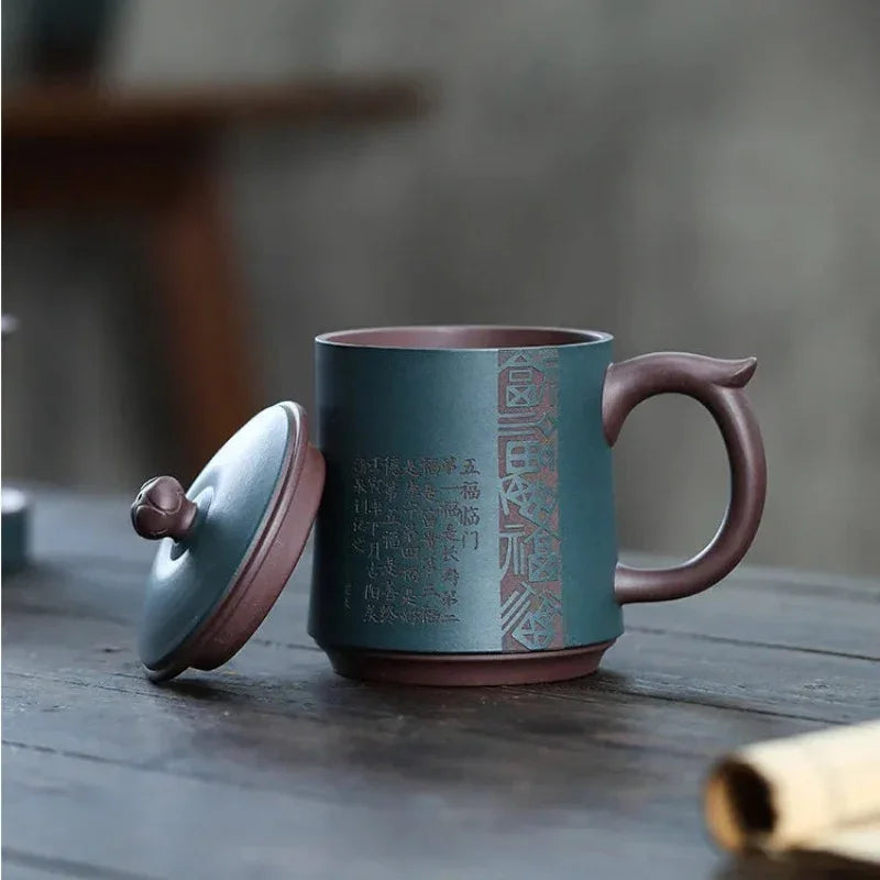 Yixing Zisha Tea Mug with Filter [Five Blessings] (Lu Ni / Zi Ni - 460ml)