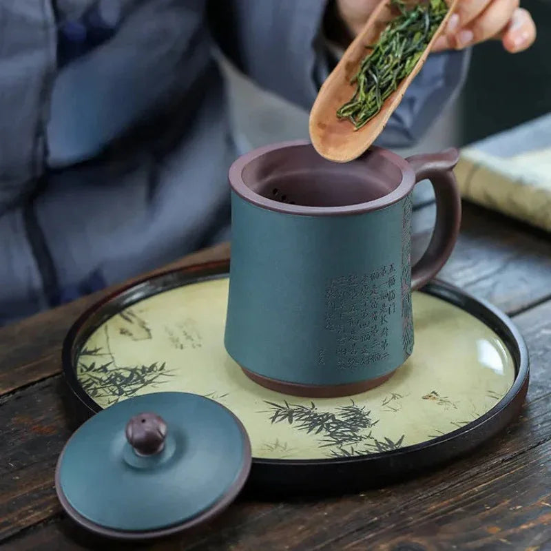 Yixing Zisha Tea Mug with Filter [Five Blessings] (Lu Ni / Zi Ni - 460ml)