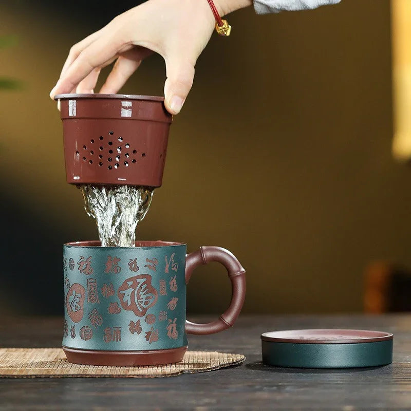 Yixing Zisha Tea Mug with Filter [Hundred Blessings] (Lu Ni / Zi Ni - 460ml) - YIQIN TEA HOUSE | yiqinteahouse.com | tea mug, teaware
