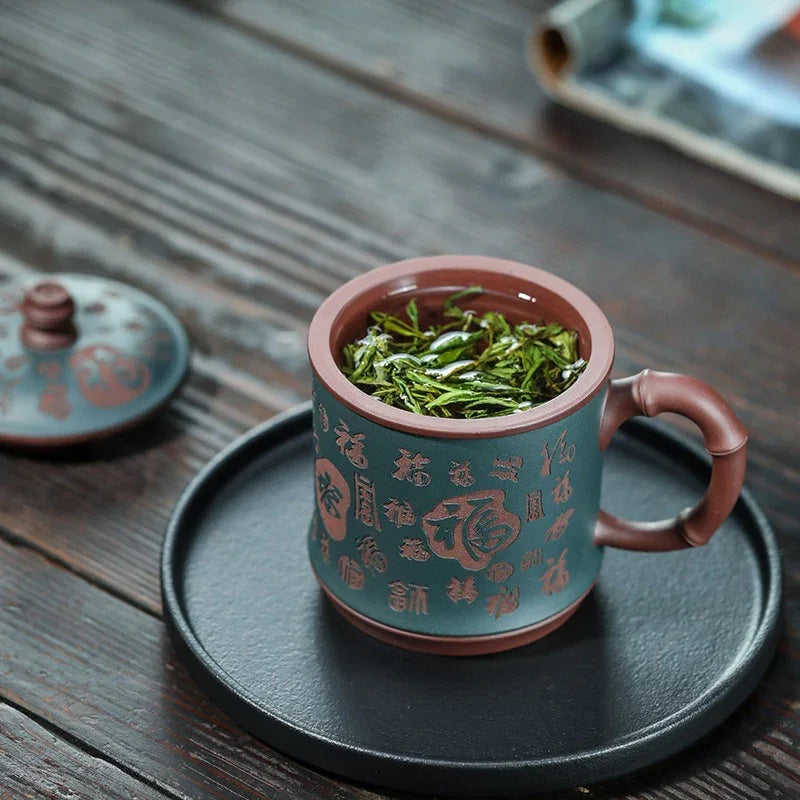 Yixing Zisha Tea Mug with Filter [Hundred Blessings] (Lu Ni / Zi Ni - 460ml) - YIQIN TEA HOUSE | yiqinteahouse.com | tea mug, teaware