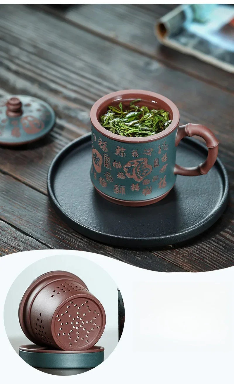 Cawan Teh Zisha Yixing dengan Penapis [Seratus Berkat] (Lu Ni / Zi Ni - 460ml)