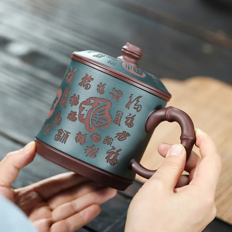 Yixing Zisha Tea Mug with Filter [Hundred Blessings] (Lu Ni / Zi Ni - 460ml) - YIQIN TEA HOUSE | yiqinteahouse.com | tea mug, teaware